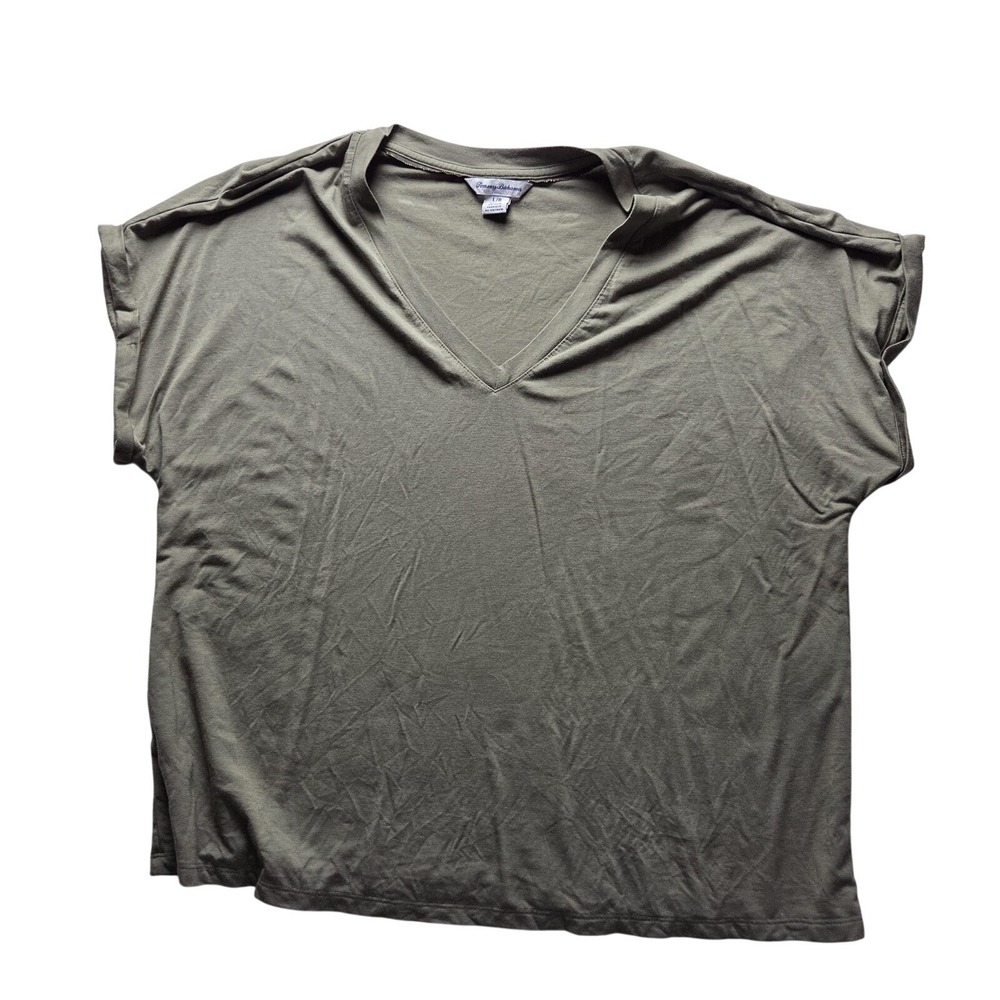 Tommy Bahama Womens V-Neck Short Sleeve Cuffed Top Olive Green Size Large